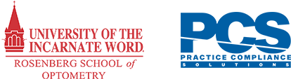 Two logos: University of the Incarnate Word - Rosenberg School of Optometrym and PCS Practice Compliance Solutions