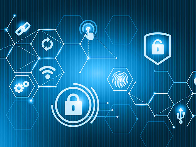 icons of locks, WiFi, Transmission, etc all representing Cybersecurity